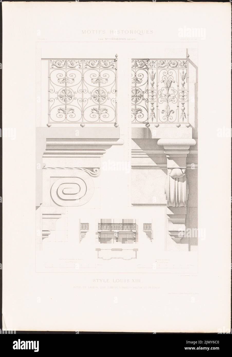 N.N., Hôtel de Lauzun, Paris. (AUS: Historical motifs of architecture and ornament sculpture, HRSG.V. César Daly, bd.1, Paris 1870.) (1870-1870): Ansichten Details. Stich Auf Paper, 45.9 x 31.9 cm (Inkl. Scanränder). You archikturmuseum inv. Nr. B 1924.099. Stock Photo