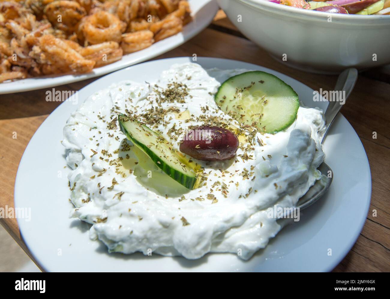 Tzatziki dish, Corfu, Ionian islands, Greece Stock Photo