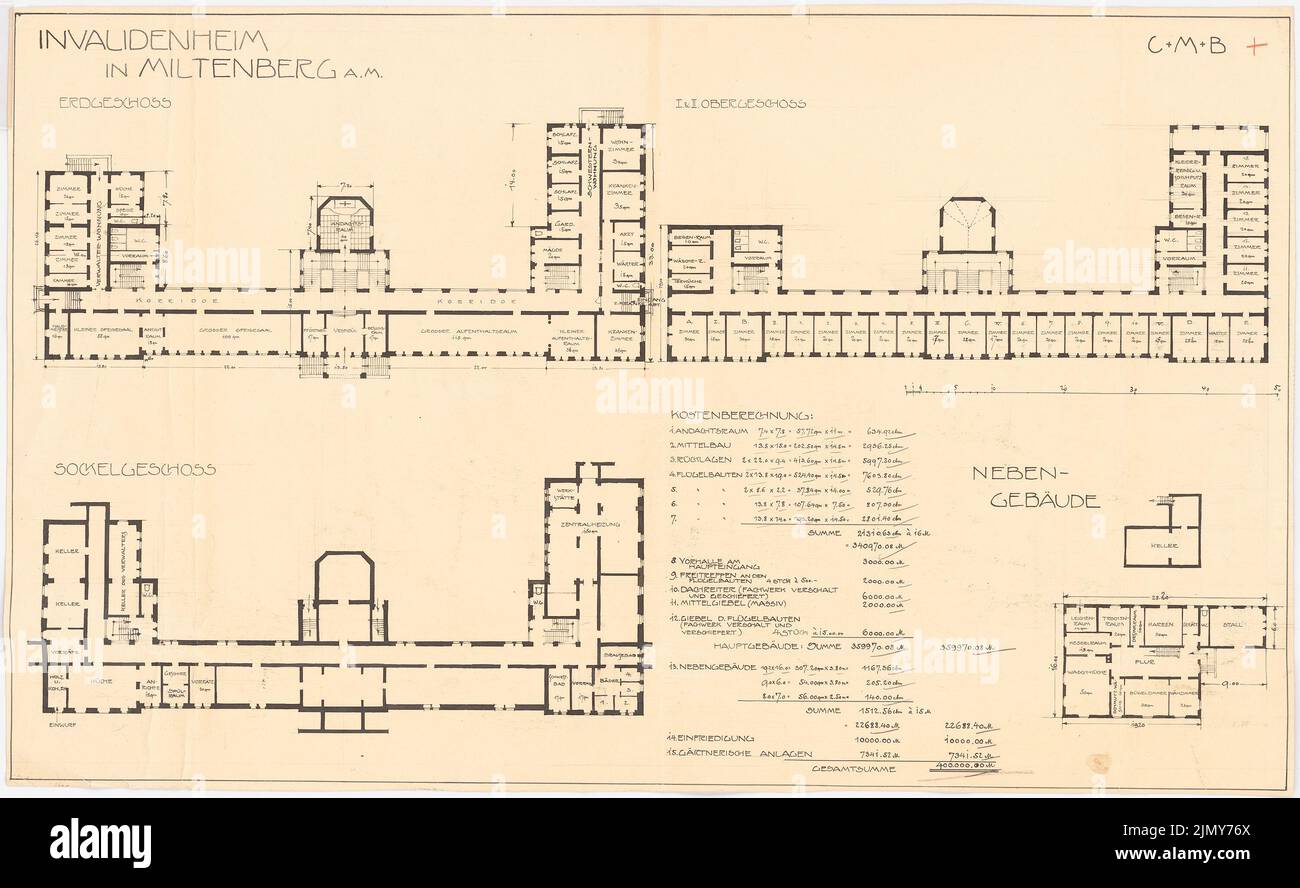 Rüster Emil (1883-1949), Invalidenheim in Miltenberg (without date): Grundrisse eG and foundations, outbuilding floor plans Keller and EG. Pencil and ink on cardboard, 55.5 x 90.4 cm (including scan edges) Stock Photo