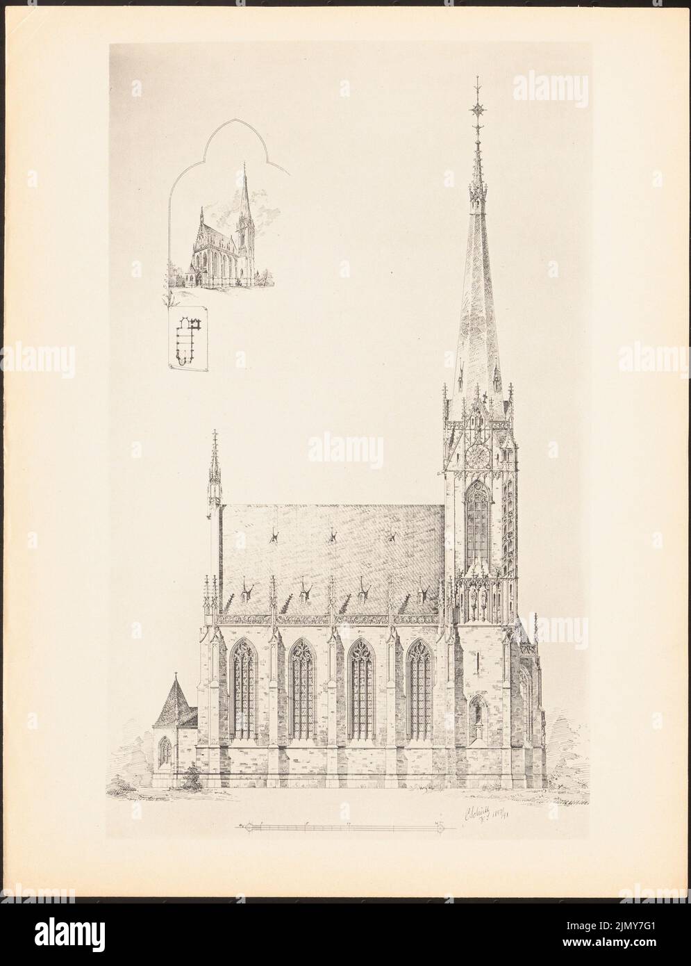 Schütt C., church. (From: Prints of seminar works by the Royal Technical University of Berlin, Vol. I) (1890-1902): floor plan, perspective view, view. Print on paper, 33 x 25.3 cm (including scan edges) Stock Photo