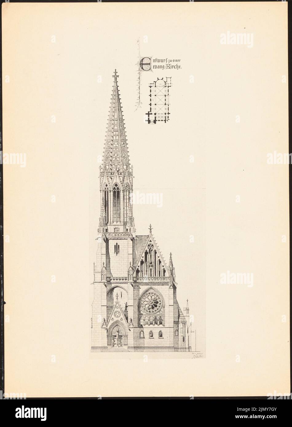 Caro Georg, Evangelical Church. (From: Prints of seminar works by the Royal Technical University of Berlin, Vol. I) (1890-1902): floor plan, view. Print on paper, 33.3 x 24.4 cm (including scan edges) Stock Photo