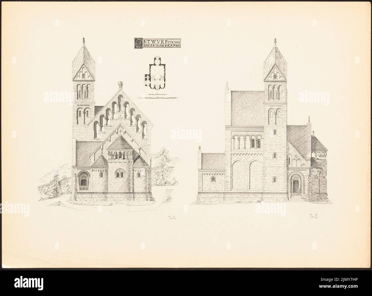 Taute, Romanesque chapel. (From: Prints of seminar works by the Royal Technical University of Berlin, Vol. I) (1890-1902): floor plan, view, side view. Pressure on paper, 24.2 x 33.3 cm (including scan edges) Stock Photo
