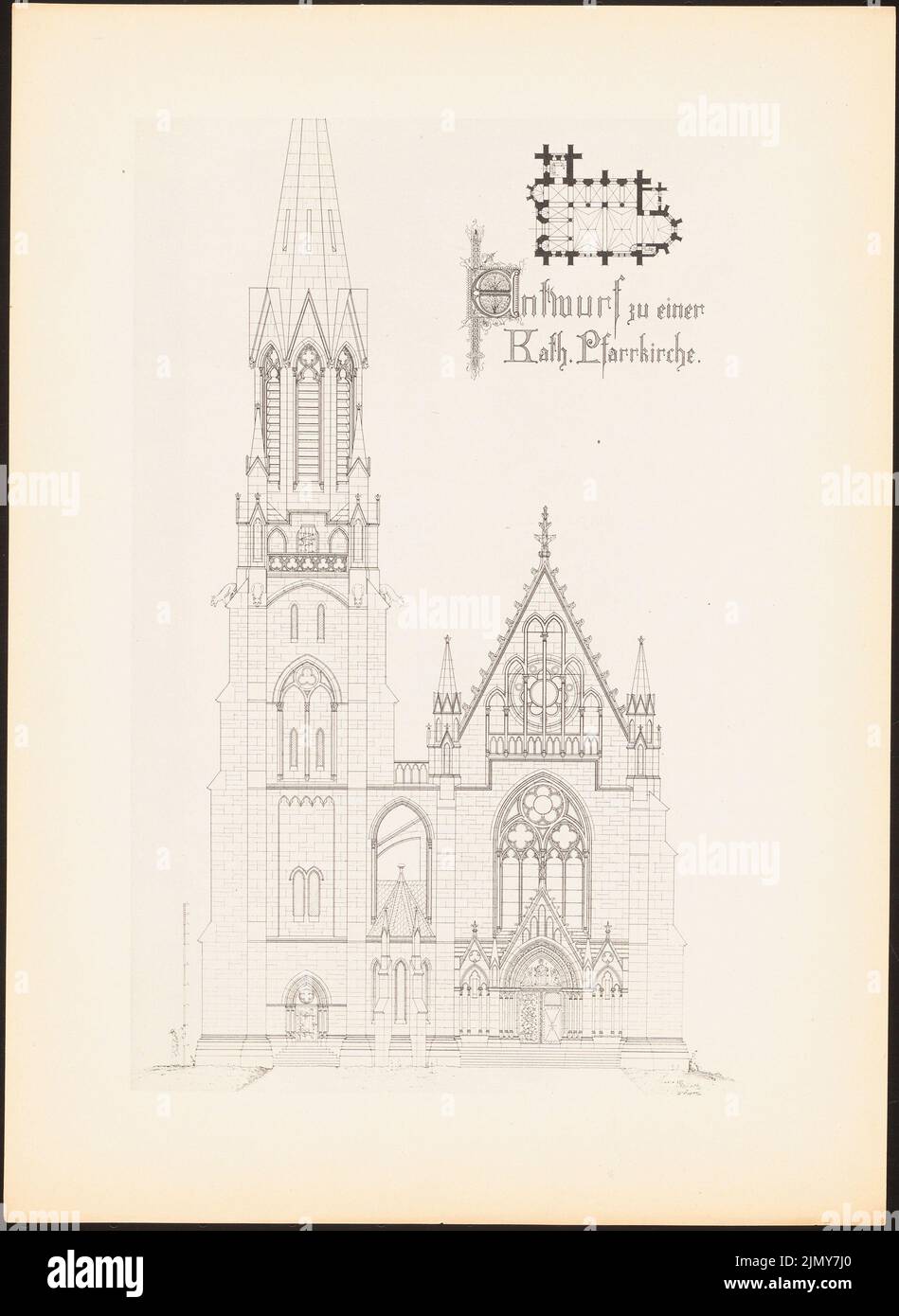 Fiebach Robert, Catholic parish church. (From: Prints of seminar works by the Royal Technical University of Berlin, Vol. I) (1890-1902): floor plan, view. Print on paper, 33.3 x 24.3 cm (including scan edges) Stock Photo