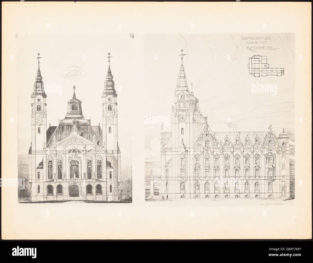 Mandrick Erwin, town hall. (From: Prints of seminar works by the Royal Technical University of Berlin, Vol. I) (1890-1902): floor plan, views. Print on paper, 25.3 x 32.9 cm (including scan edges) Stock Photo
