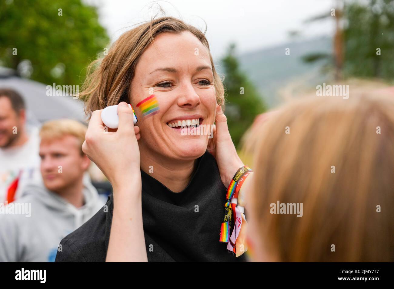 Utøya 20220804Minister of culture and equality, Anette Trettebergstuen takes part in the pride parade at AUF's summer camp on Utoeya on Thursday. Photo: Beate Oma Dahle / NTB Stock Photo