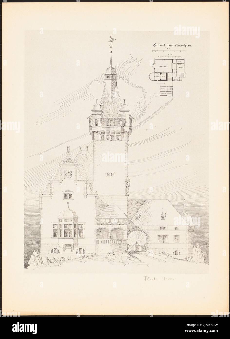 Fleck Hermann, hunting lodge. (From: Prints of seminar works by the Royal Technical University of Berlin, Vol. I) (1890-1902): floor plan, view. Print on paper, 33.3 x 24.2 cm (including scan edges) Stock Photo