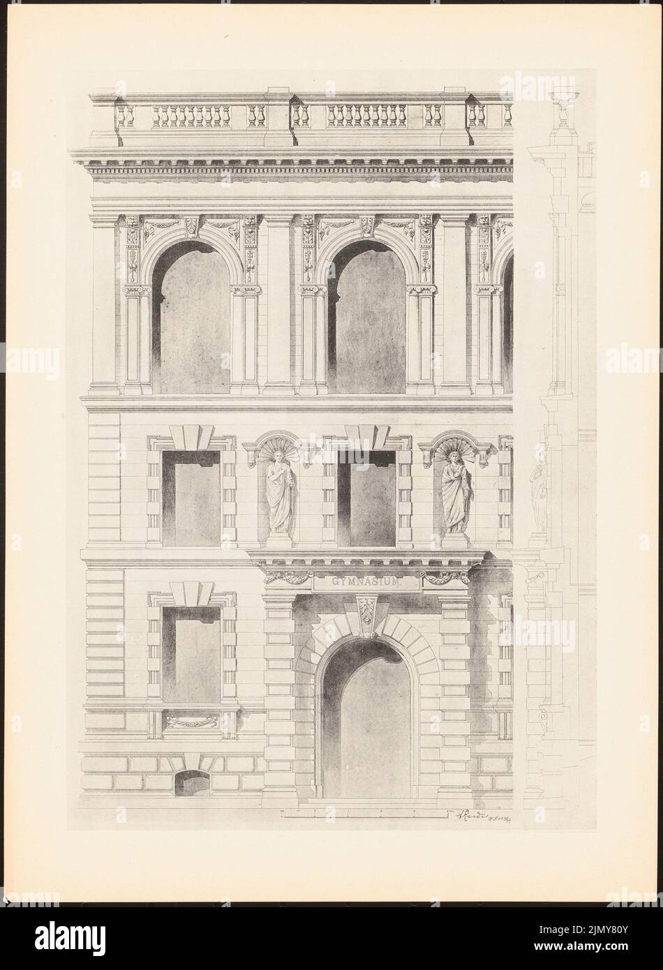 Raeder A., high school. (From: Prints of seminar works by the Royal Technical University Berlin, Vol. I) (1889/1899): View, facade cut vertical. Print on paper, 33.2 x 24.3 cm (including scan edges) Stock Photo