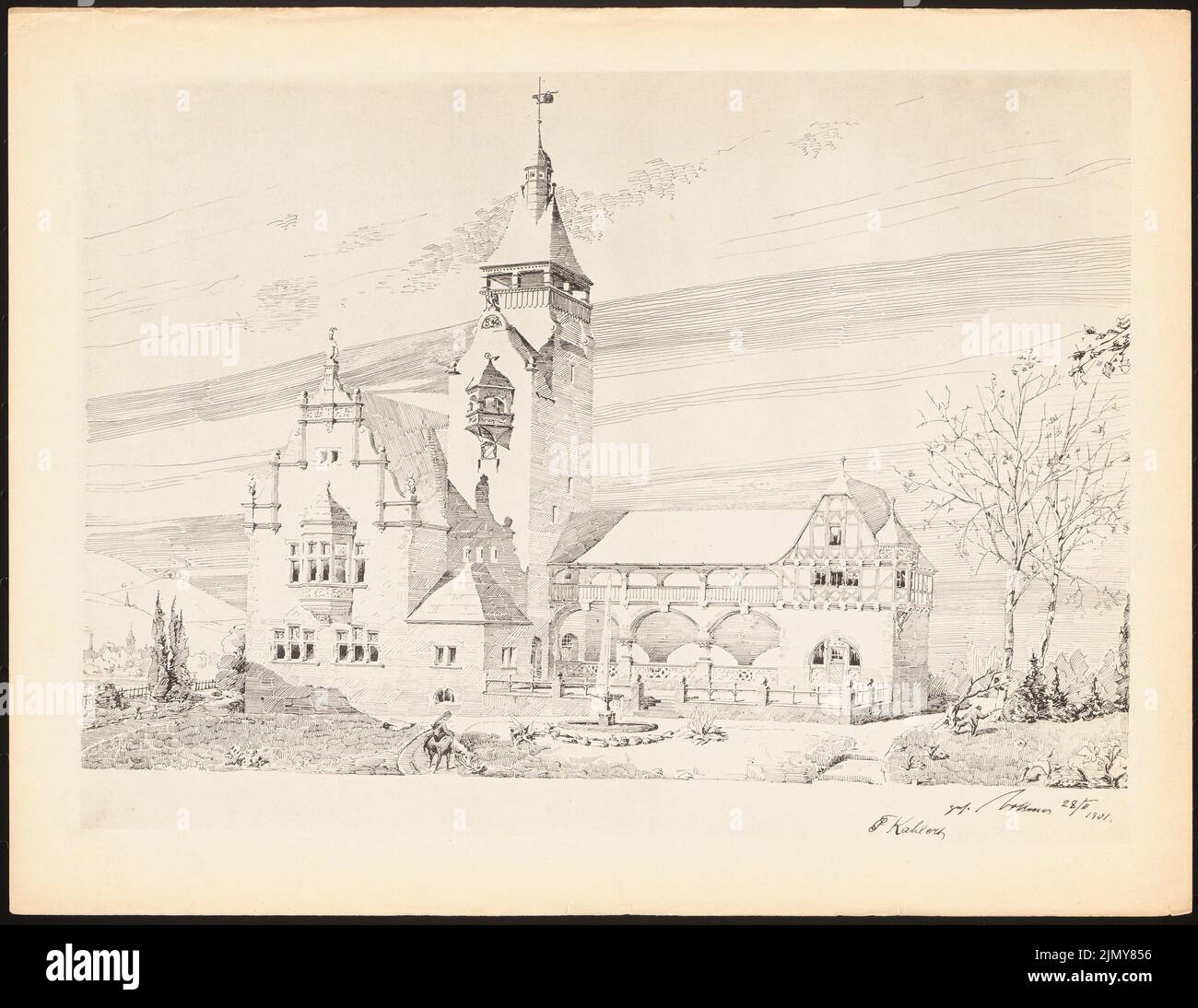 Kahlert F., country house. (From: Prints of seminar works by the Royal Technical University of Berlin, Vol. II) (February 28, 1901): Perspective view. Print on paper, 25.5 x 33 cm (including scan edges) Stock Photo