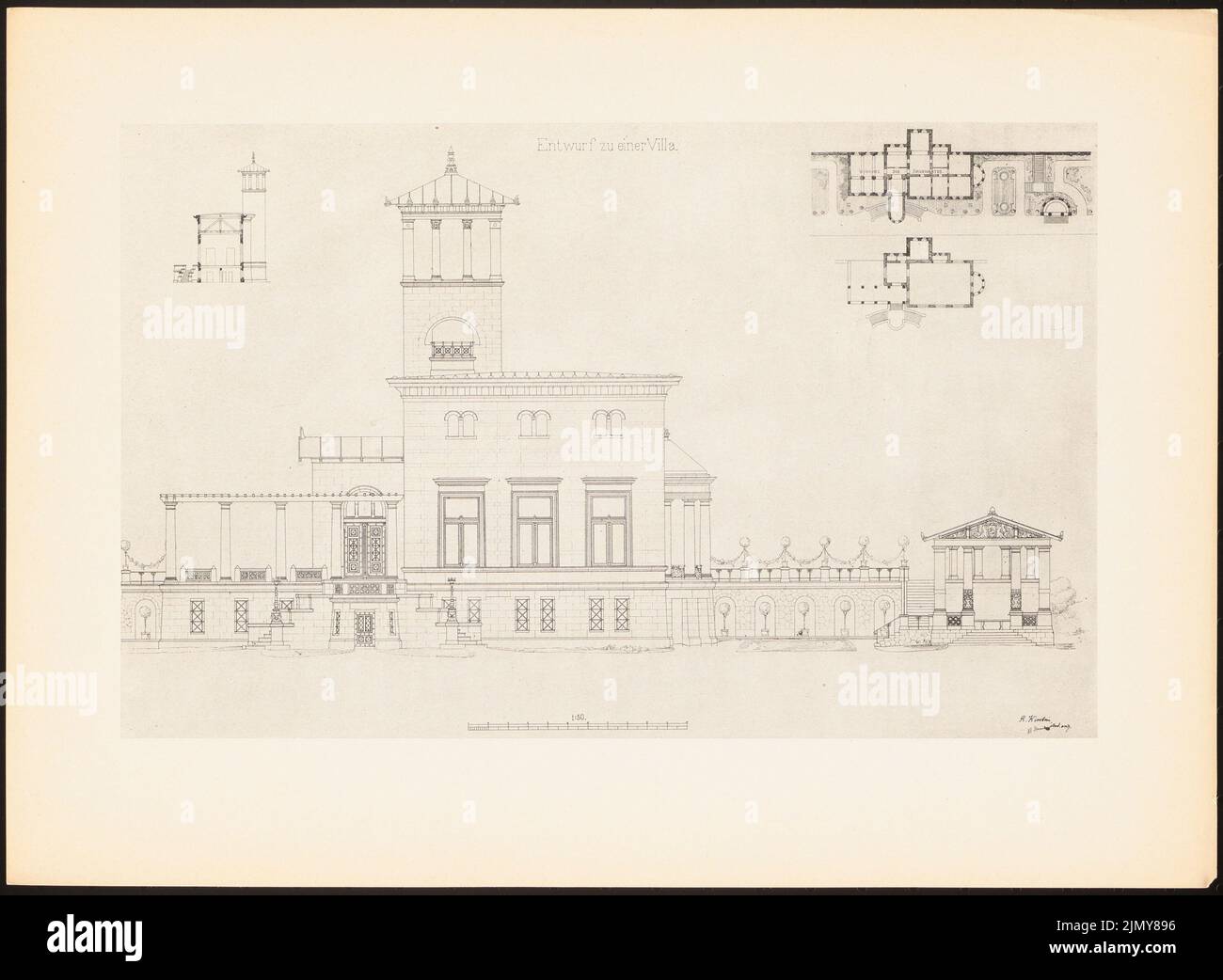 Kirstein, villa. (From: Prints of seminar works by the Royal Technical University of Berlin, Vol. II) (1890-1902): site plan, floor plan, view, cross-section. Pressure on paper, 24.4 x 33.3 cm (including scan edges) Stock Photo