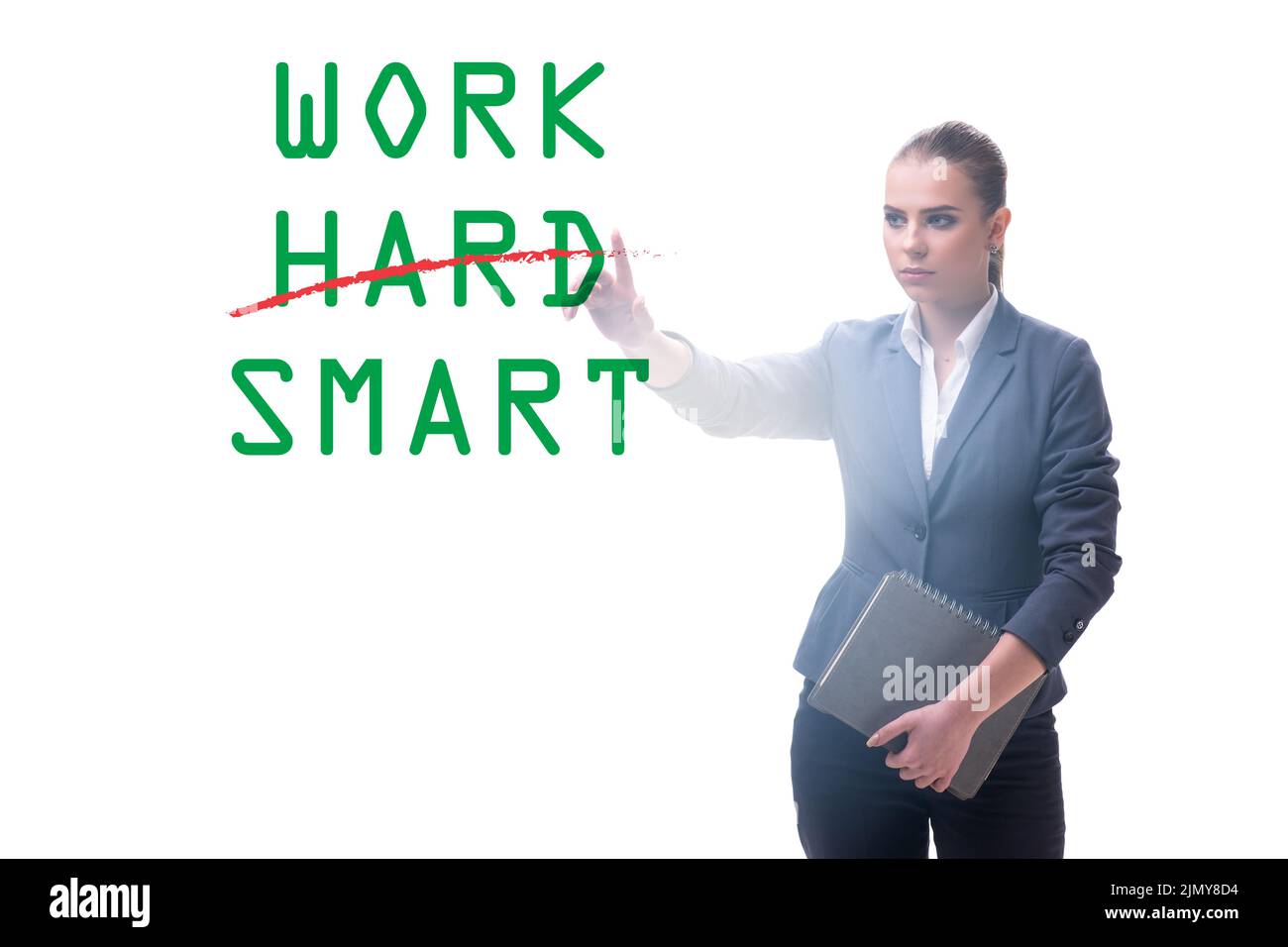 Businesswoman in working smart not hard concept Stock Photo