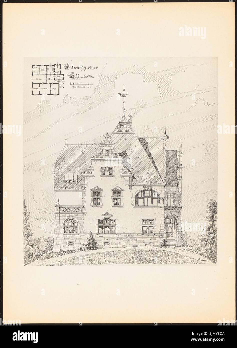 Rider Jacob, villa. (From: Prints of seminar works by the Royal Technical University of Berlin, Vol. II) (1890-1902): floor plan, side view. Print on paper, 33.5 x 24.4 cm (including scan edges) Stock Photo