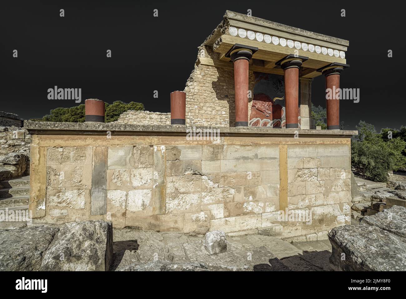 Ancient ruins of Knossos palace with Minoan columns. Largest Bronze Age