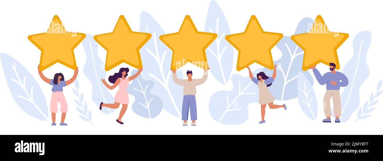 Happy and satisfied customer vector people are holding review stars over their heads. Five stars rating. Customer review rating and client feedback Stock Vector