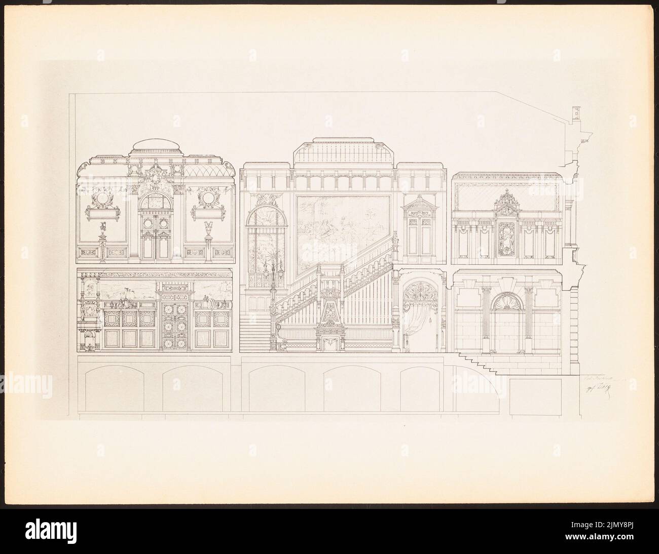 Kutschen, Stadtpalais. (From: Prints of seminar works by the Royal Technical University of Berlin, Vol. II) (1890-1902): Longitudinal section. Print on paper, 25.5 x 33 cm (including scan edges) Stock Photo