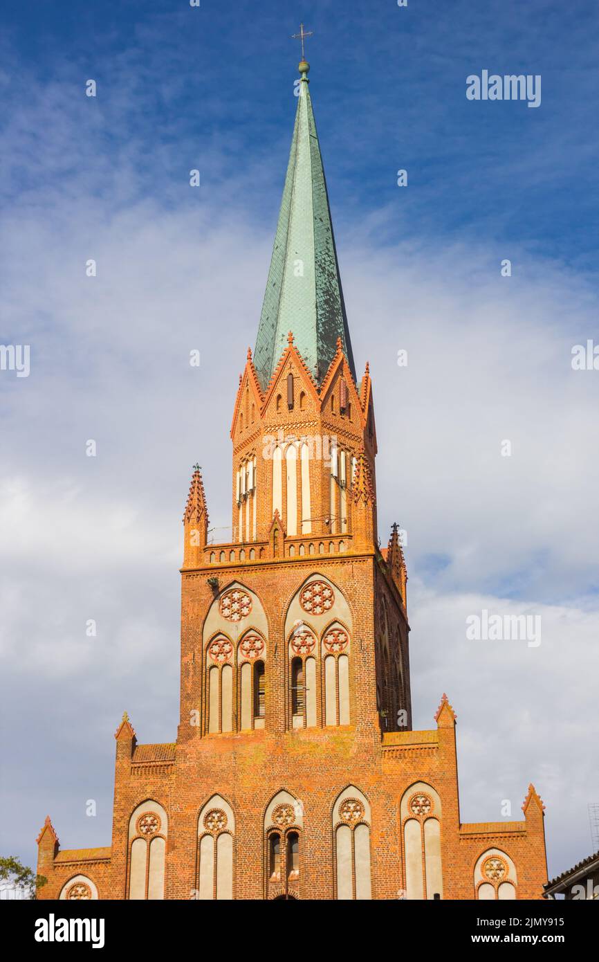 Tower of the historic Mary Church in Trzebiatow, Poland Stock Photo