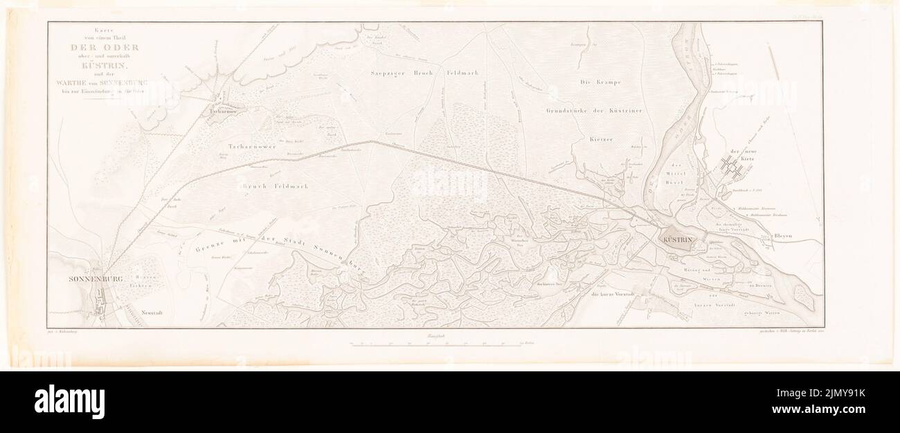 Unknown authors, map of Oder and Warthe between Sonnenburg and Küstrin (without date): Map (from: Construction of the Prussian State, Vol. 1, Bl. 54). Stitch on paper, 28.8 x 70 cm (including scan edges) Stock Photo