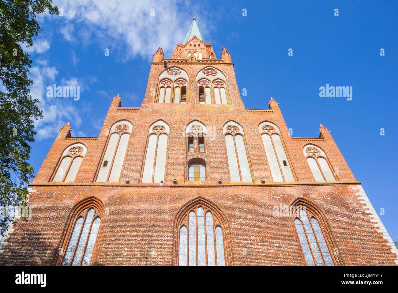 Front facade of the historic Mary Church in Trzebiatow, Poland Stock Photo