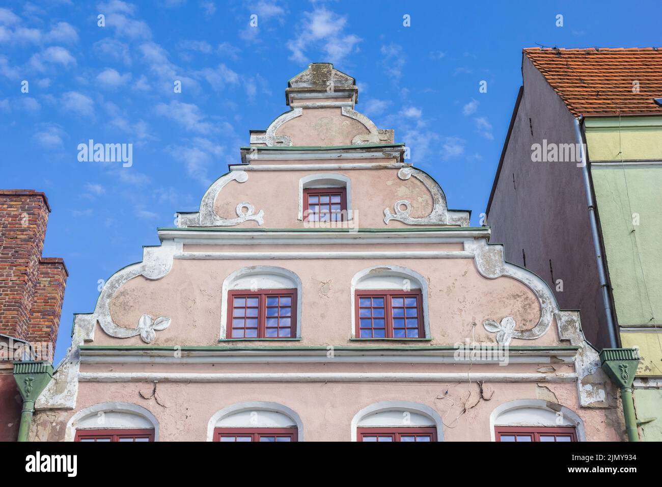 Decorated facade of an old house in Trzebiatow, Poland Stock Photo
