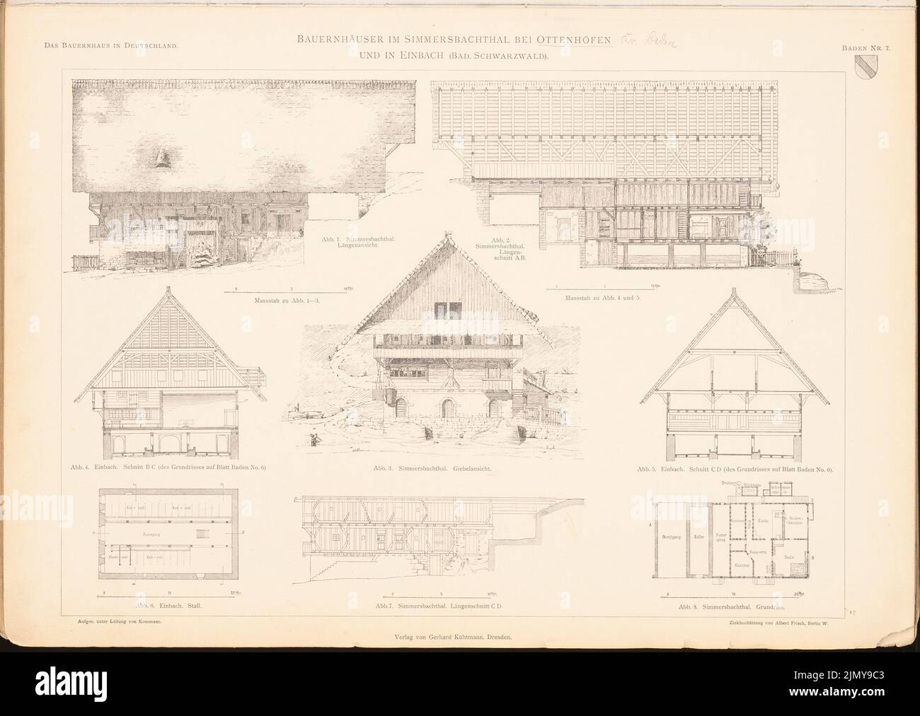 Kossmann, farmhouse, Ottenhöfen. Farmhouse, Einbach. (From: The farmhouse in the German Empire and its border areas, ed. Vorance of German architects (1906-1906): floor plan, view from the long side, view from the gable side, longitudinal section A B, longitudinal section C d Ottenhöfe, cut C D, Grundriss. Print on paper, 33.7 x 47.6 cm (including scan edges) Stock Photo