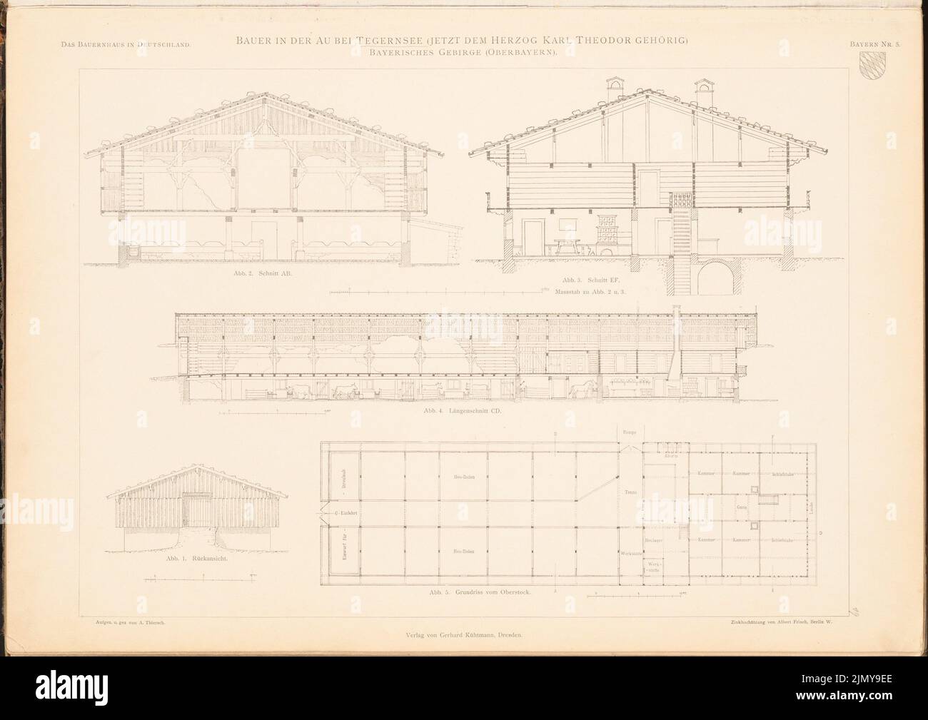Thiersch Friedrich von (1852-1921), farmhouse, Tegernsee. (From: The farmhouse in the German Empire and its border areas, ed. Vorance of German architects and engineering associations, (1906-1906): floor plan 1st floor, view from behind, cut A B, cut F, cut C D. Pressure on Paper, 33.8 x 47.8 cm (including scan edges) Stock Photo