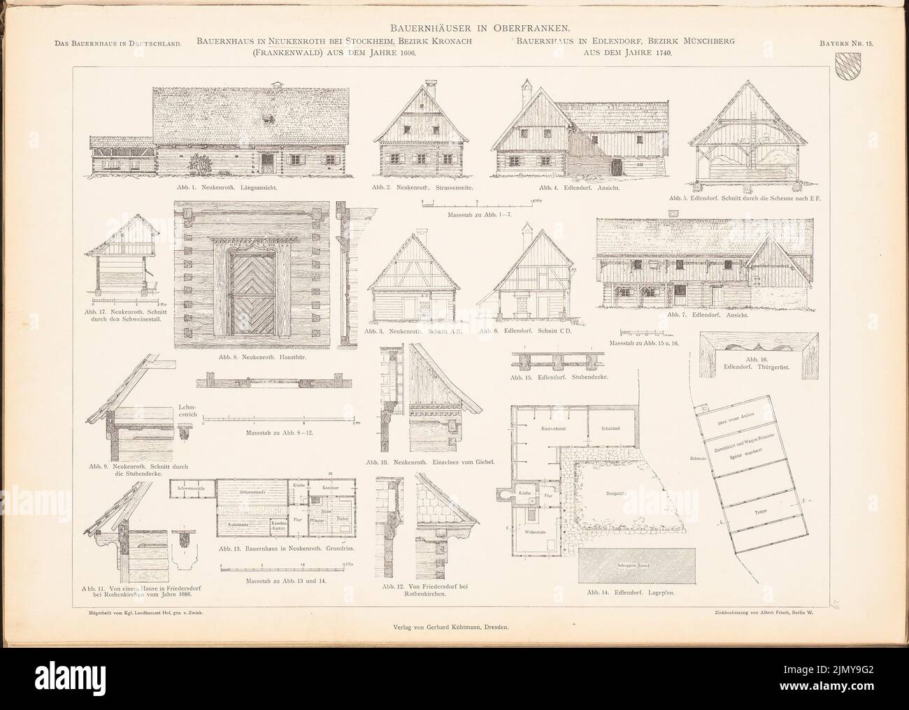 Wink, farmhouse, Neukenroth. Farmhouse, Edlendorf. (From: The farmhouse in the German Empire and its border areas, ed. Vorance of German architect (1906-1906): floor plan, view from the long side, view from the gable side, cut A B, Details Neukenroth, site plan, floor plan C D, Cut E f, det. Print on paper, 33.9 x 47.6 cm (including scan edges) Stock Photo