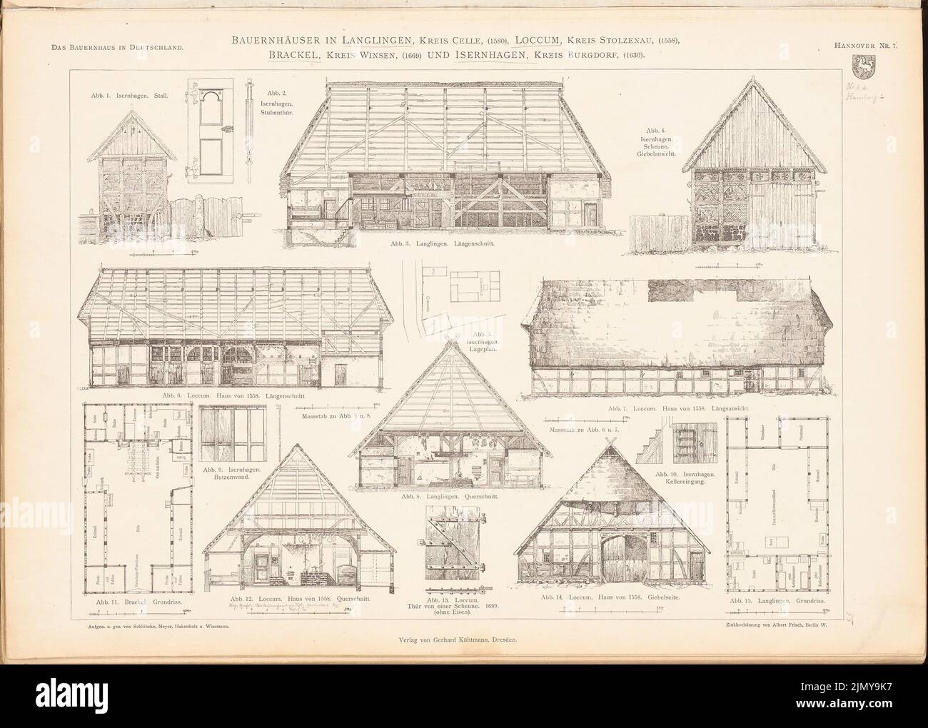 Schlöbcke E., farmhouses in Loccum, Langlingen, Brackel, Isernhagen. (From: The farmhouse in the German Empire and its border areas, ed. Vorance of German (1906-1906): floor plans, views, cuts, details. Pressure on paper, 34.1 x 47.6 cm (incl. Scan edges) Stock Photo