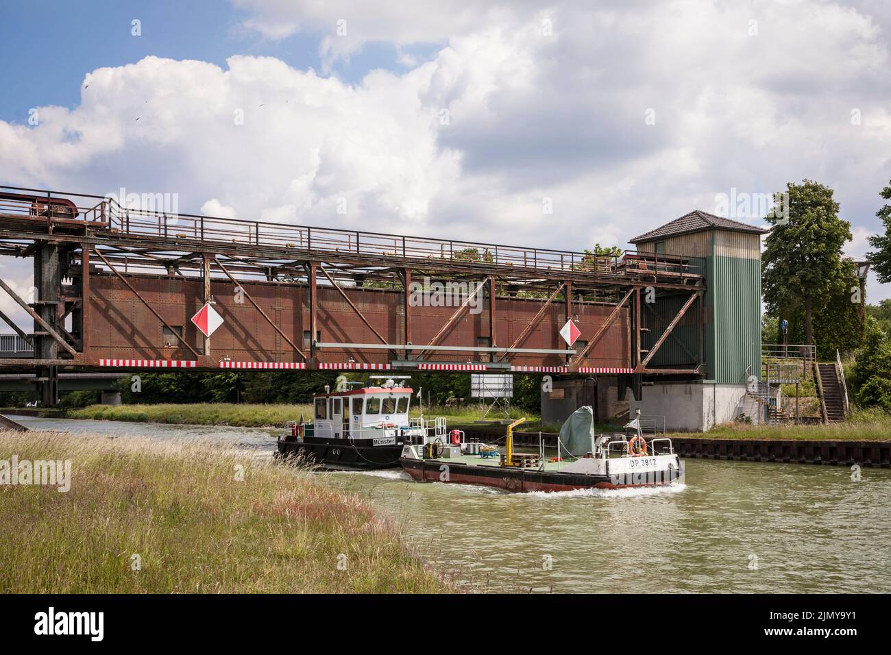 the Fuestrup barrier gate on Dortmund-Ems canal near Greven, North Rhine-Westphalia, Germany. das Sperrtor Fuestrup des Dortmund-Ems-Kanal bei Greven, Stock Photo