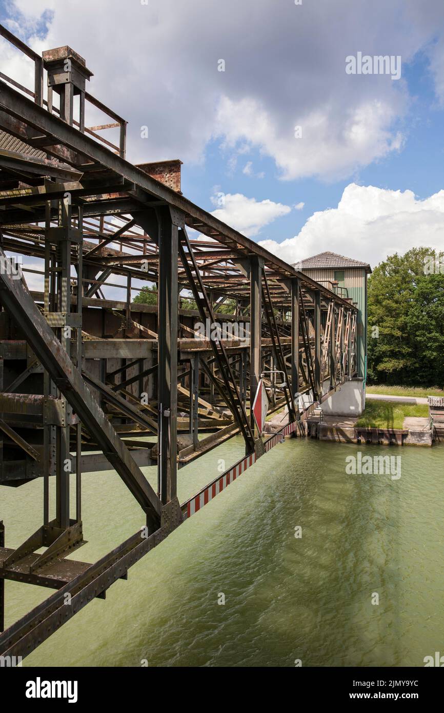 the Fuestrup barrier gate on Dortmund-Ems canal near Greven, North Rhine-Westphalia, Germany. das Sperrtor Fuestrup des Dortmund-Ems-Kanal bei Greven, Stock Photo