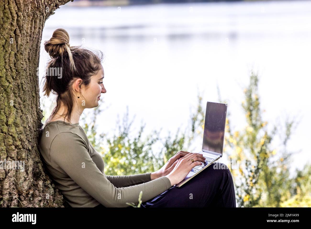Work from anywhere. Remote freelancer work in nature using renewable energy via a foldable solar panel. Young woman, female free Stock Photo