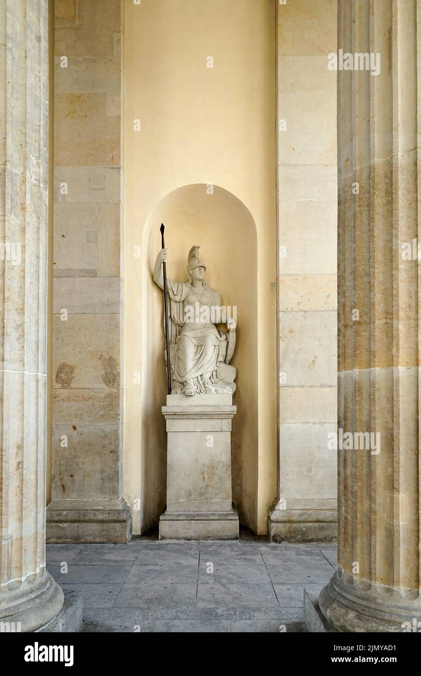 Berlin, Germany, 2014. Statue of Minerva under the Brandenburg Gate in ...