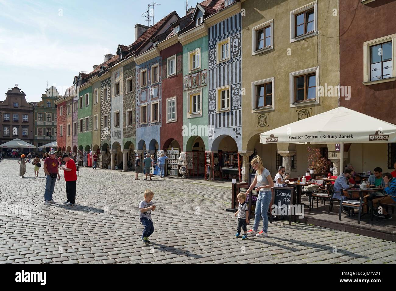 Poznan, Poland - September 16, 2014 : Row of multicoloured houses in Poznan on September 16, 2014. Unidentified people Stock Photo