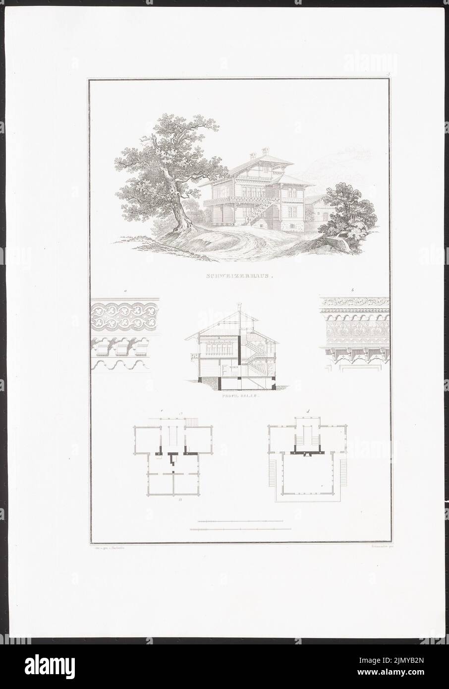 Haeberlin Joh. Heinrich (1799-1867), Schweizerhaus. (From: Architectural designs from the collection of the architectural association in Berlin, H.1 U.2, Potsdam 1837.) (1837-1837): floor plans, perspective view, cross-section, details. Stitch on paper, 49.4 x 34.4 cm (including scan edges) Stock Photo
