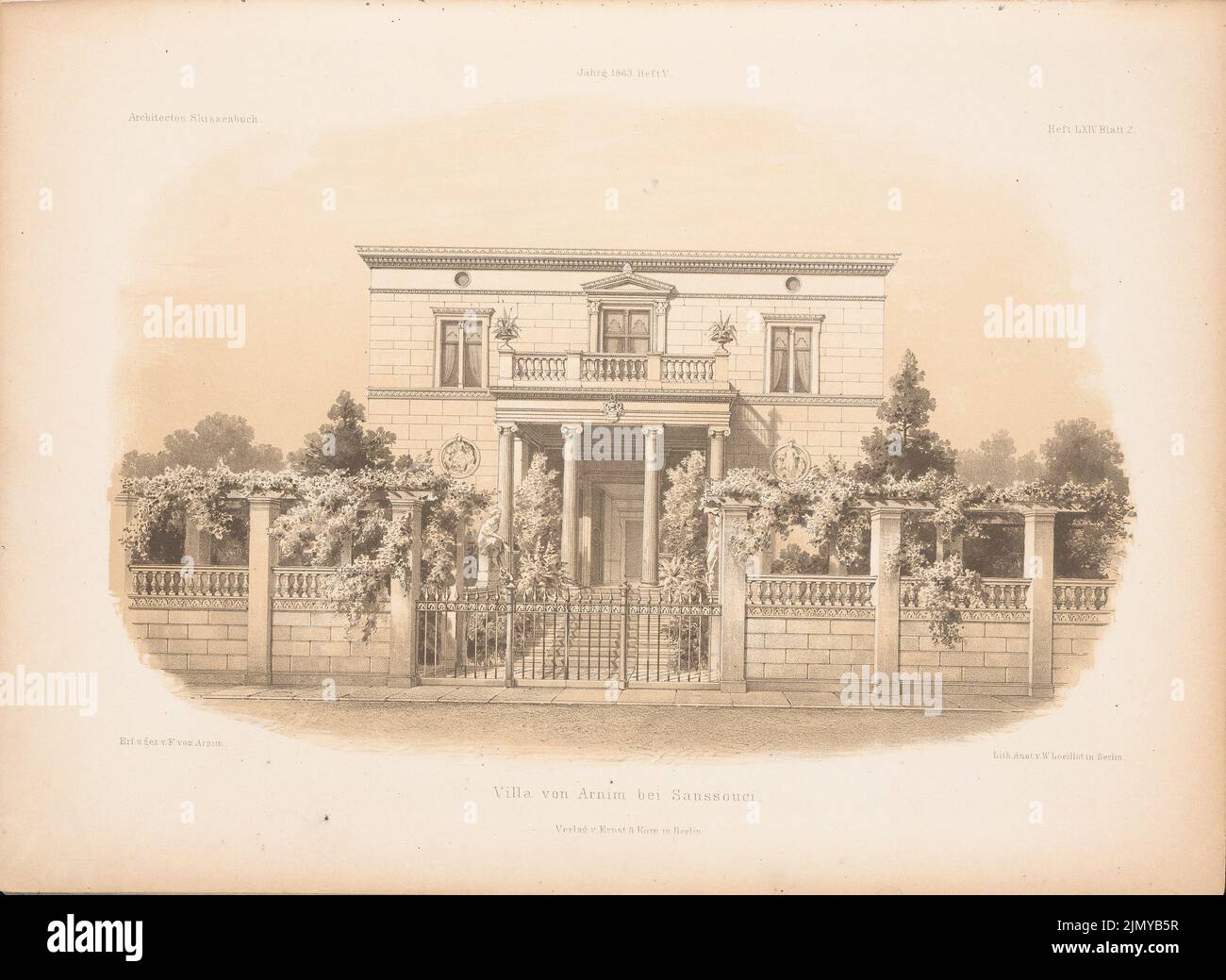 Arnim Ferdinand von (1814-1866), Villa von Arnim, Potsdam. (From: Architectural sketchbook, H. 65/6, 1863.) (1863-1863): View from the front. Stitch on paper, 25.7 x 35.2 cm (including scan edges) Stock Photo