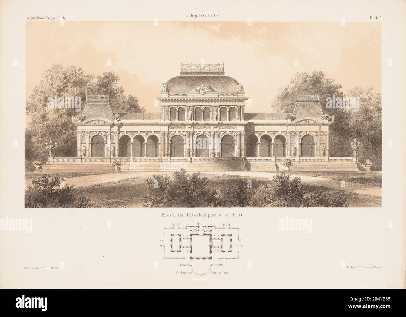 Hauszmann Alajos (1847-1926), kiosk in the Elisabethpark, pest. (From: Architectural sketchbook, H. 116/5, 1872.) (1872-1872): floor plan, view. Stitch on paper, 25 x 35 cm (including scan edges) Stock Photo