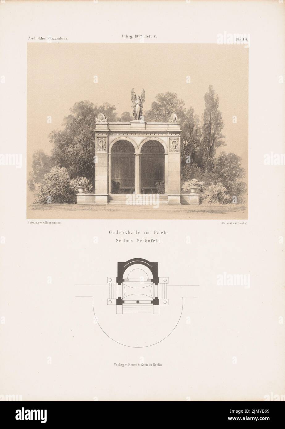 Hauszmann Alajos (1847-1926), memorial hall in the park of Schönfeld Castle. (From: Architectural sketchbook, H. 116/5, 1872.) (1872-1872): floor plan, view. Stitch on paper, 35.4 x 25.1 cm (including scan edges) Stock Photo
