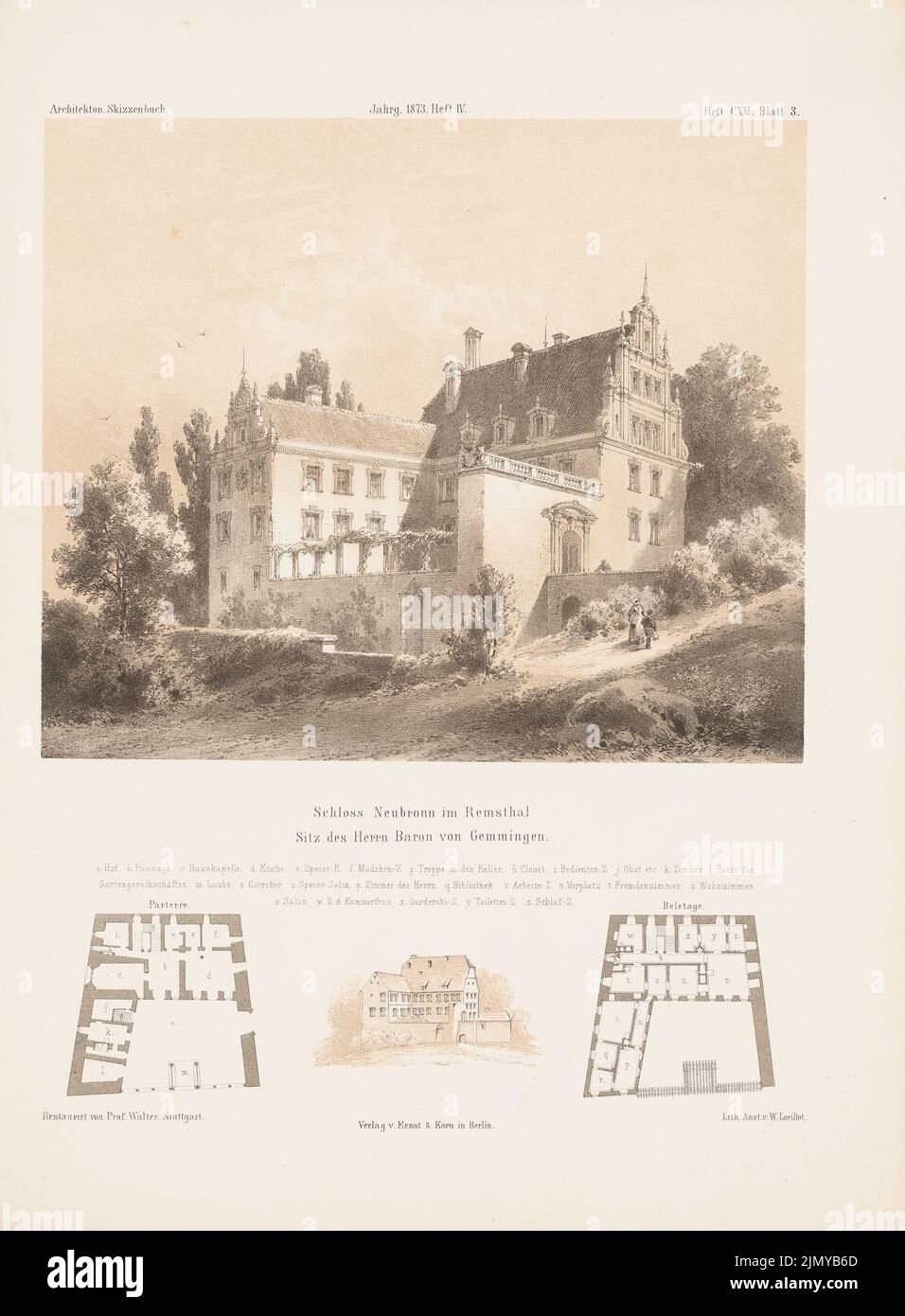 N.N., Neubonn Castle, Remstal. (From: Architectural sketchbook, H. 121/4, 1873.) (1873-1873): Grundrisse, views. Stitch on paper, 34.1 x 25.1 cm (including scan edges) Stock Photo