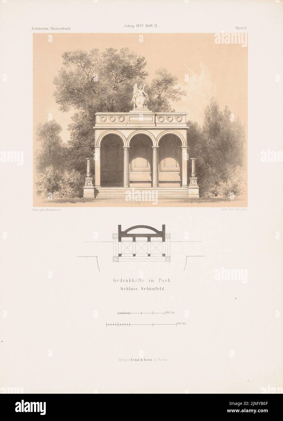 Hauszmann Alajos (1847-1926), memorial hall in the park of Schönfeld Castle. (From: Architectural sketchbook, H. 116/6, 1872.) (1872-1872): floor plan, view. Stitch on paper, 34.7 x 24.9 cm (including scan edges) Stock Photo