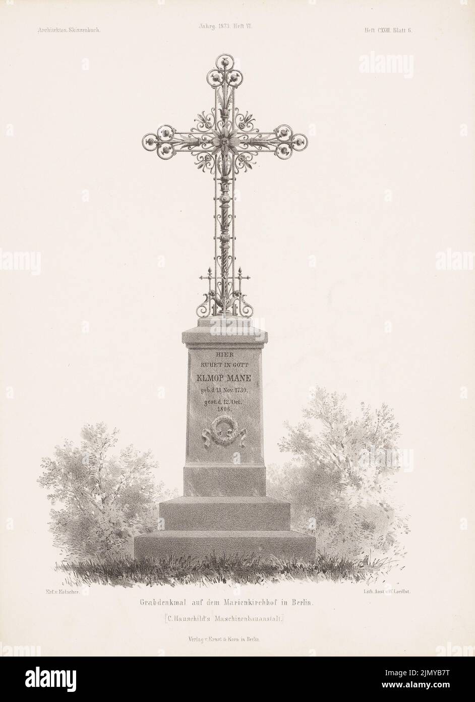 Kolscher Bernhard (1834-1868), grave monument at the Marienkirchhof, Berlin. (From: Architectural sketchbook, H. 123/6, 1873.) (1873-1873): View. Stitch on paper, 34.6 x 25.1 cm (including scan edges) Stock Photo