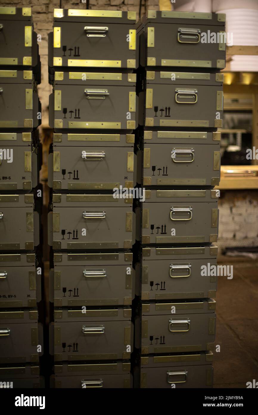 Military boxes in stock. Wooden boxes. Production of wooden products