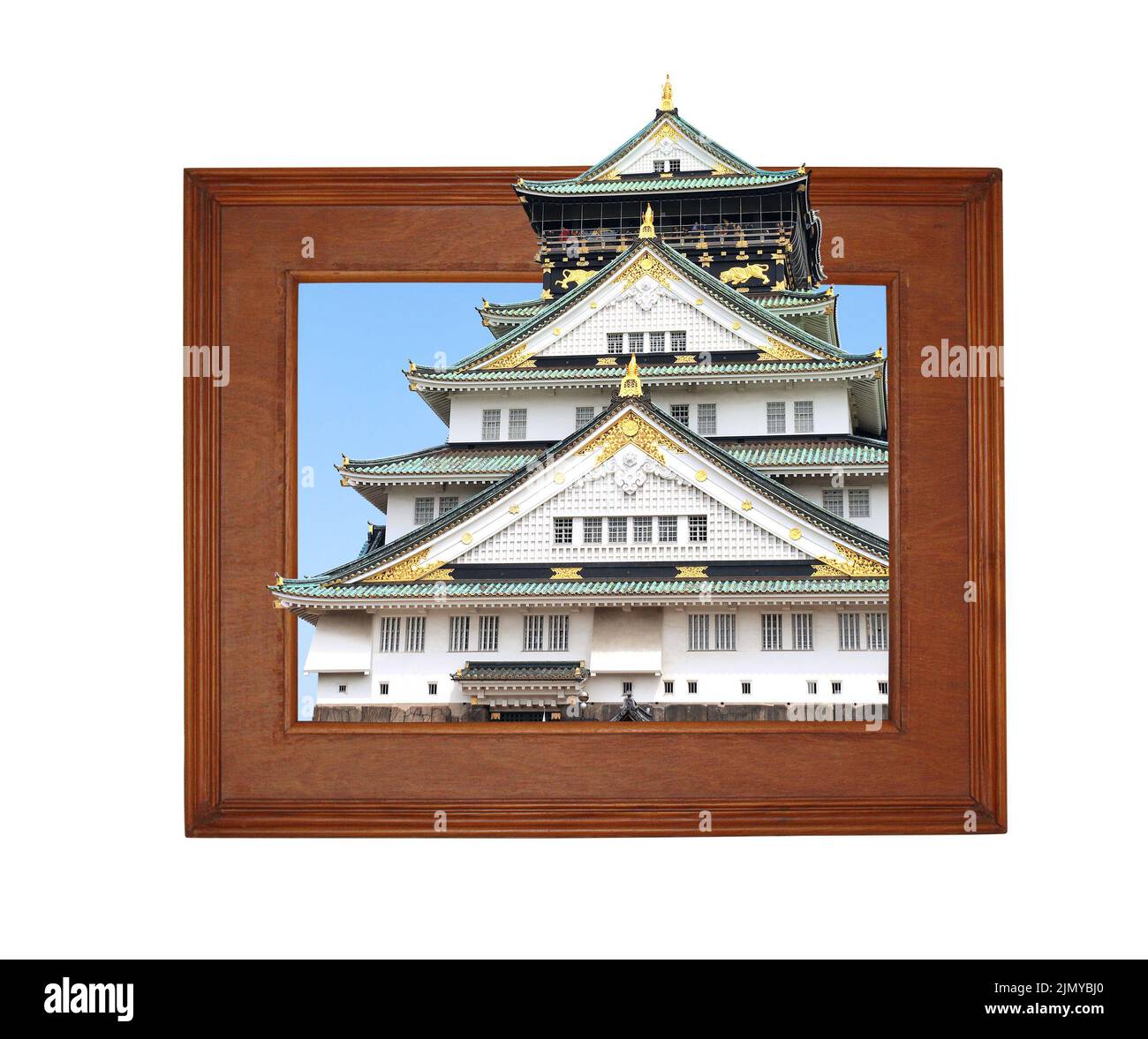 Famous landmark of Osaka - Japanese ancient Osaka castle in wooden frame with 3d effect. Isolated on white background Stock Photo