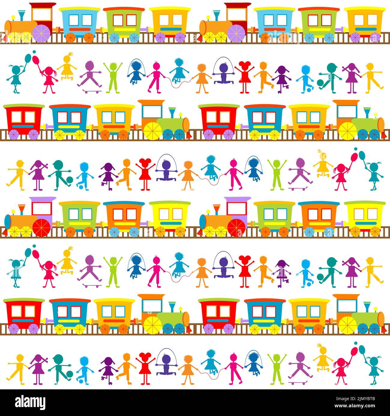 Background for kids with cartoon stylized hand drawn colored children and trains Stock Vector