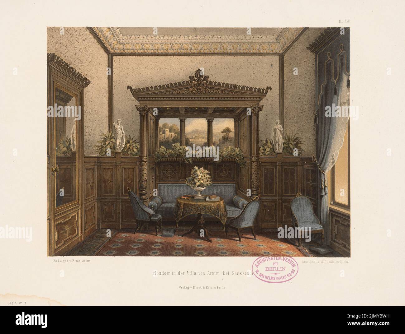 Arnim Ferdinand von (1814-1866), Boudoir in the villa of Arnim, Potsdam. (From: Architectural sketchbook, H. 68/3, 1864.) (1864-1864): Perspective interior view. Lithography colored on paper, 25.2 x 33.3 cm (including scan edges) Stock Photo