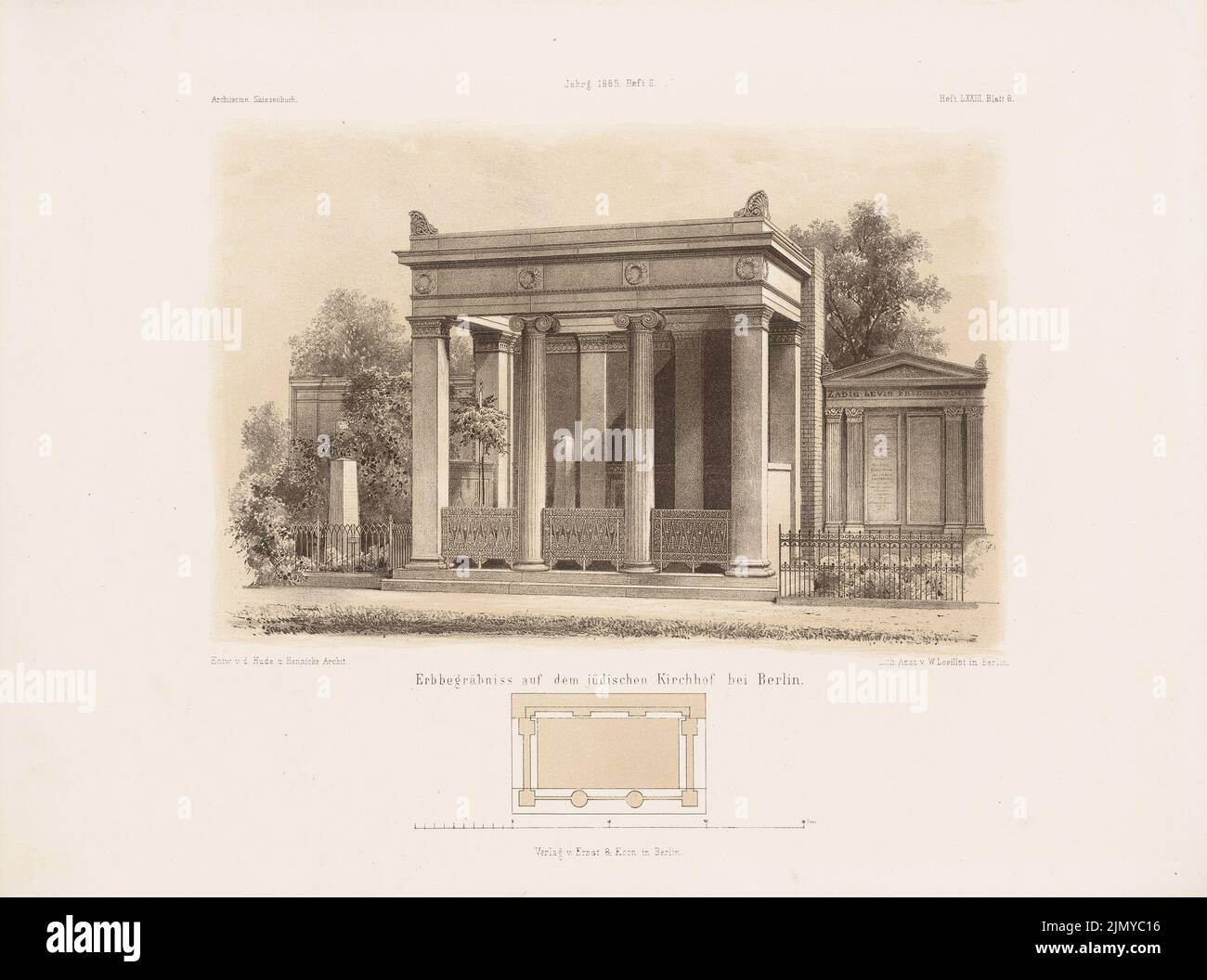 Hude & Hennicke, inheritance in the Jewish cemetery, Berlin. (From: Architectural sketchbook, H. 73/2, 1865.) (1865-1865): floor plan, perspective view. Lithography colored on paper, 24.8 x 33.3 cm (including scan edges) Stock Photo