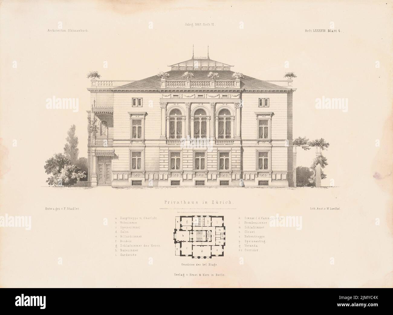 Stadler Ferdinand (1813-1870), private house, Zurich. (From: Architectural sketchbook, H. 88/6, 1867.) (1867-1867): floor plan, view. Lithograph on paper, 24.9 x 33.9 cm (including scan edges) Stock Photo