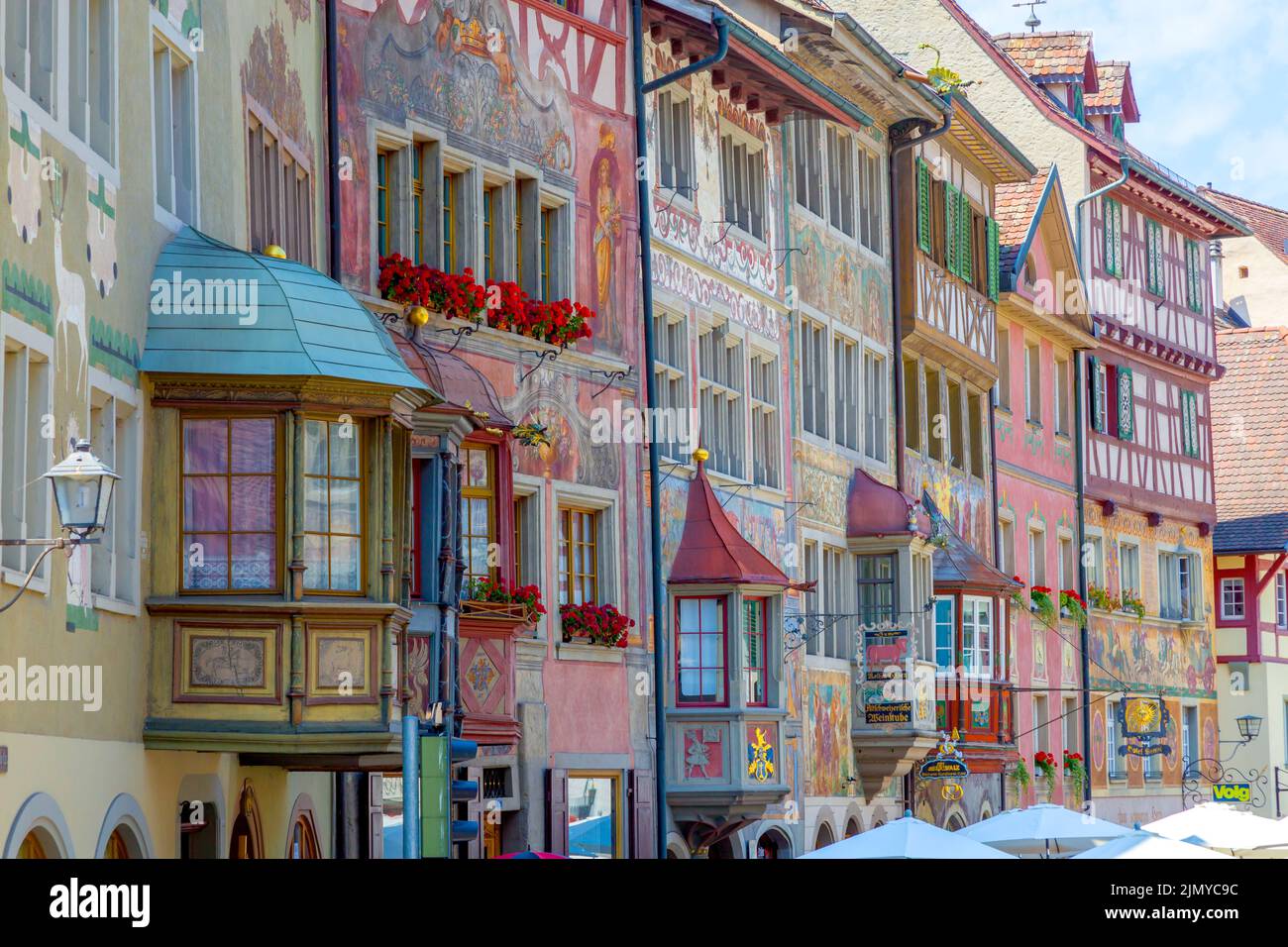 Well-preserved Old Town in Stein am Rhein, featuring painted facades and half-timbered houses. Stein am Rhein is situated in the midst of beautiful co Stock Photo