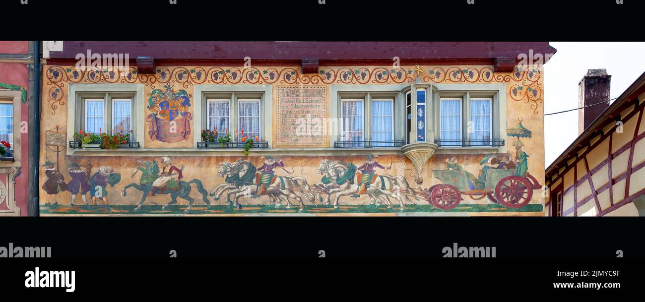 Market square in well-preserved Old Town in Stein am Rhein, Wall painting on house of Rud. Schmid facede. Switzerland. Stock Photo