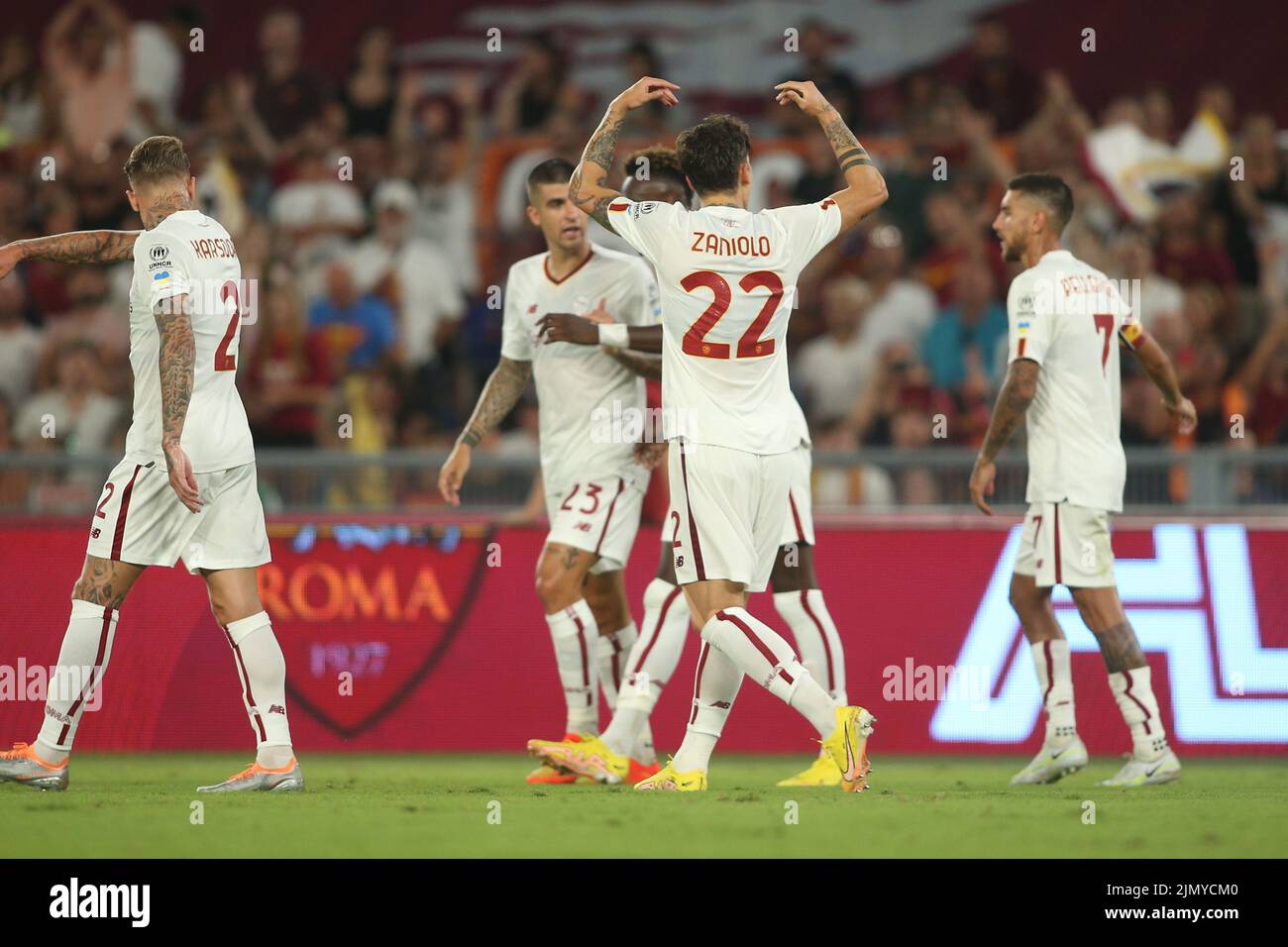 Rome, Italy. 07th Aug, 2022. Rome, Italy 07.08.2022: Zaniolo celebrate goal during the Pre-Season Friendly 2022/2023 match between AS Roma vs Shakhtar Donetsk at the Olimpic Stadium in Rome on 07 August 2022. Credit: Independent Photo Agency/Alamy Live News Stock Photo
