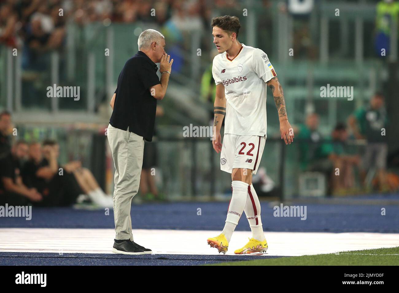 Rome, Italy. 07th Aug, 2022. Rome, Italy 07.08.2022: Mourinho, Zaniolo during the Pre-Season Friendly 2022/2023 match between AS Roma vs Shakhtar Donetsk at the Olimpic Stadium in Rome on 07 August 2022. Credit: Independent Photo Agency/Alamy Live News Stock Photo
