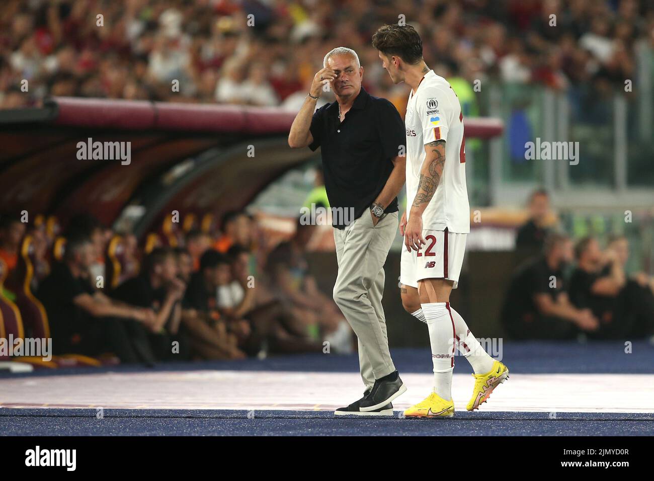 Rome, Italy. 07th Aug, 2022. Rome, Italy 07.08.2022: Mourinho, Zaniolo during the Pre-Season Friendly 2022/2023 match between AS Roma vs Shakhtar Donetsk at the Olimpic Stadium in Rome on 07 August 2022. Credit: Independent Photo Agency/Alamy Live News Stock Photo