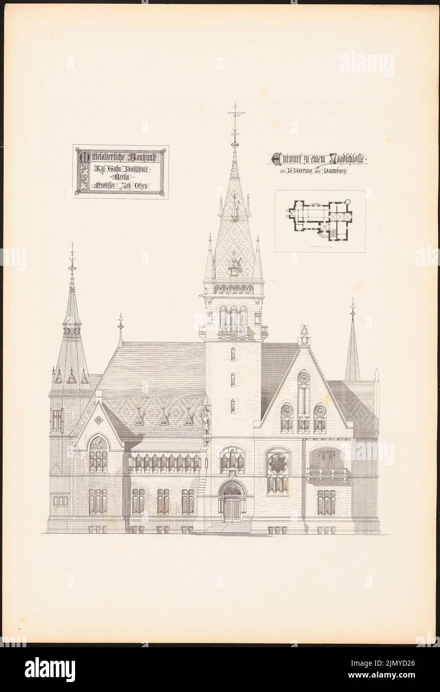 Hartung Hans, hunting lodge. (From: Medieval architecture. Designs by the students of the Royal Technical University of Berlin, ed. Pressure on paper, 55.4 x 37.8 cm (including scan edges) Stock Photo